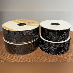 Lion Ribbon 4 Vtg Rolls Black Floral Metallic  Mystique 25yd -2 new seal/2 used